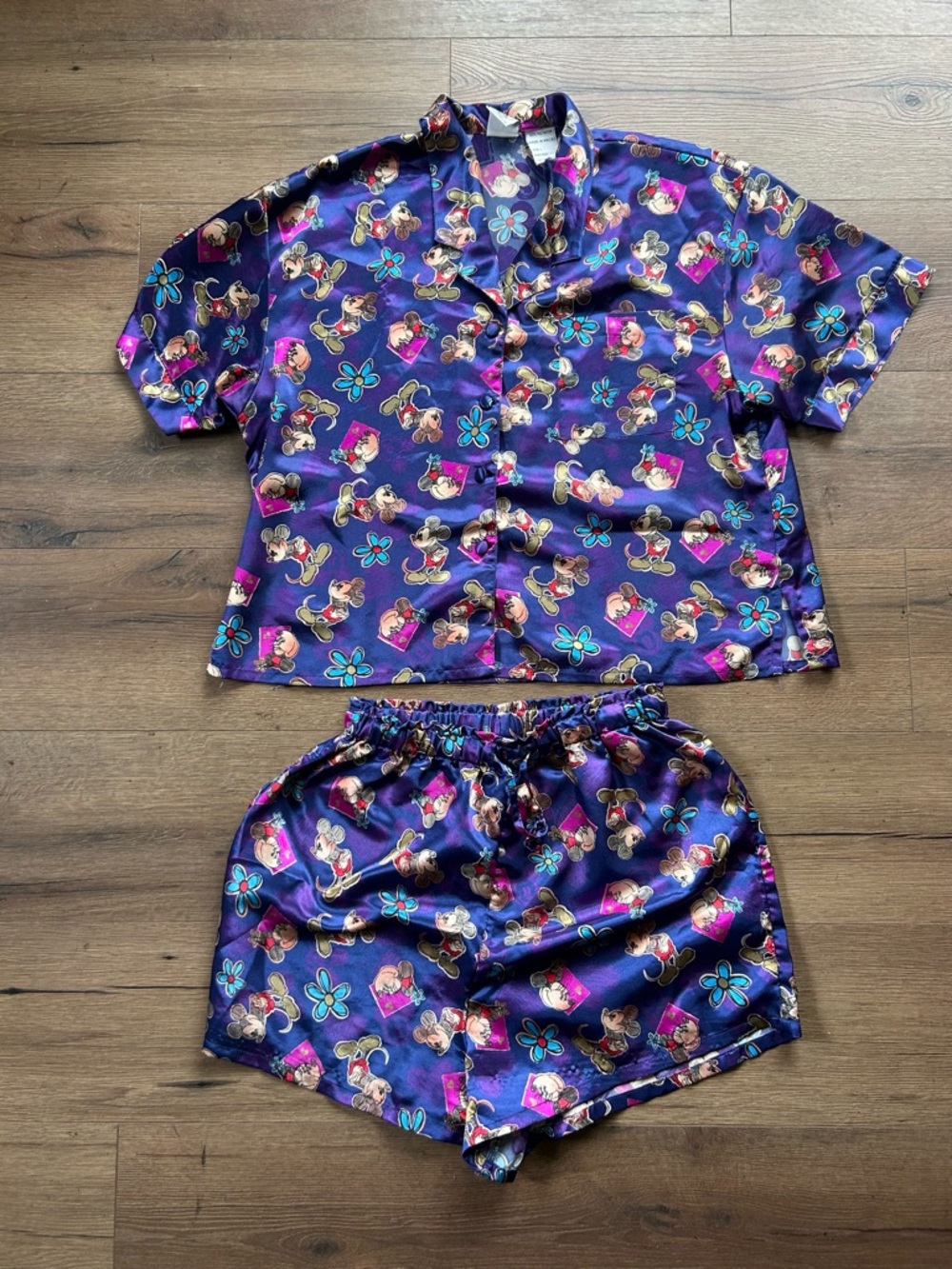 Disney Women’s Purple Satin Short Pajama Set with Playful Print